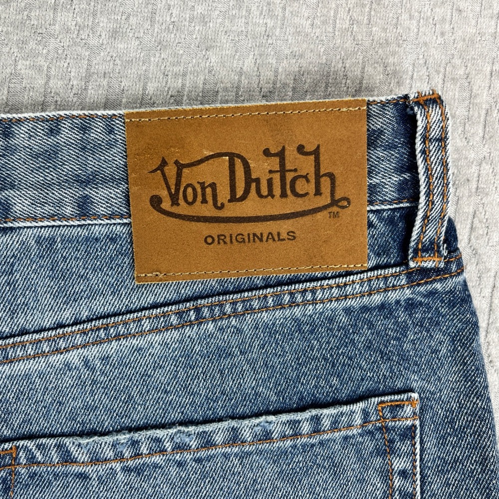 New Von Dutch Denim Shorts Men 34 Blue Originals Logo Patch Baggy Y2K Streetwear - Picture 5 of 14